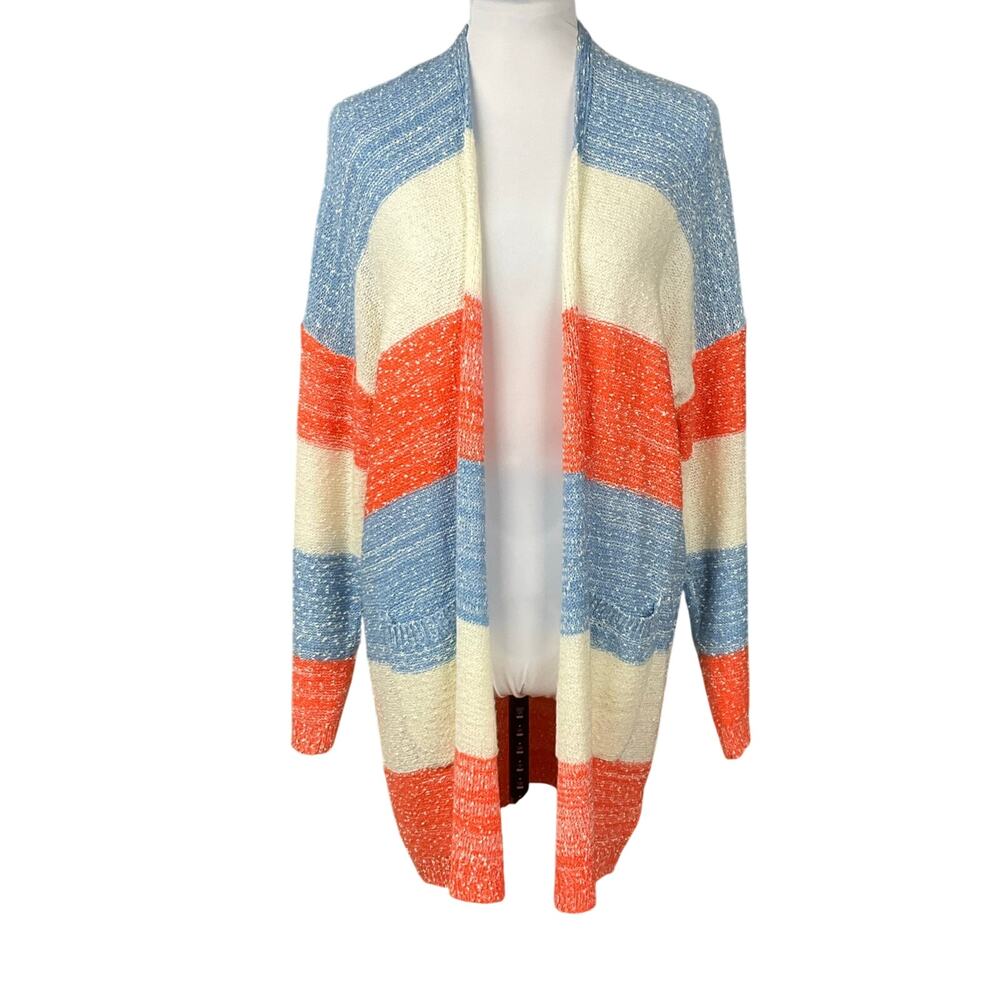 ENTRO Anthro Open Front Cardigan Sweater Stripe Colorblock Long Duster sz Lg